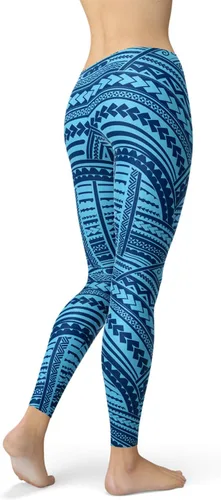 Vista 4 de Satori_Stylez Maori Tattoo Leggings para mujer Ta Moko Tribal Polinesio Estampado Mediados Cintura Azul Pantalones