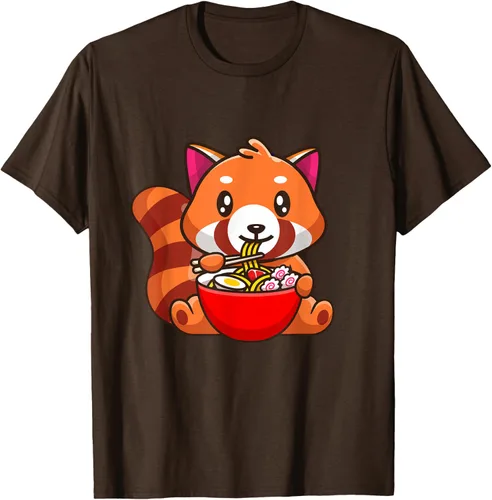 Vista 7 de Camiseta Kawaii Anime Red Panda Eating Ramen Noodles, Negro, S
