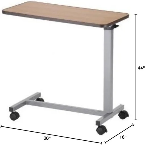 Vista 2 de NOVA Mesa para colocar sobre la cama con ruedas giratorias de bloqueo, altura ajustable, parte superior de grano de madera de nogal, base de acero