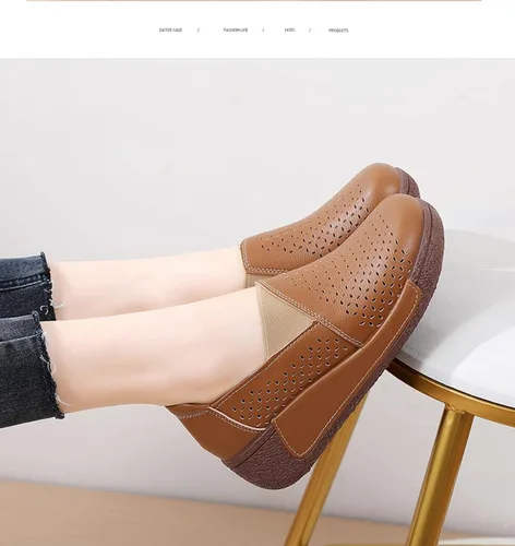 Vista 4 de Mocasines de plataforma de punta redonda para mujer, cómodos mocasines de cuero genuino, mocasines de corte casual con corte bajo.