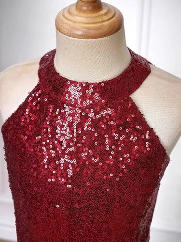 Vista 6 de Rswnyirn Vestidos de lentejuelas para niñas, diseño de sirena, con cuello halter, brillante, para concurso, fiesta, princesa, baile de graduación