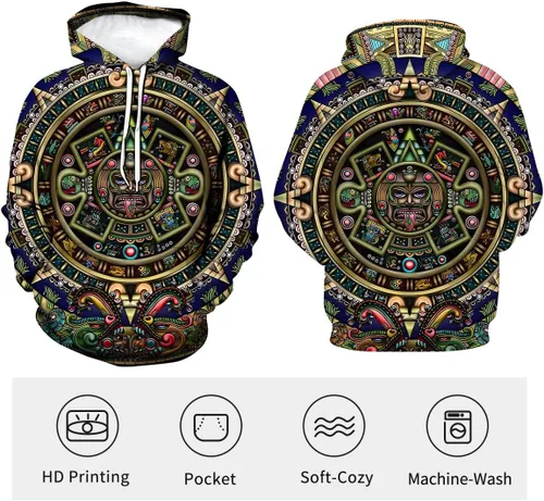 Vista 3 de LAOLIUSN Sudadera con capucha azteca para hombre con diseño de tótems mayas con estampado mexicano