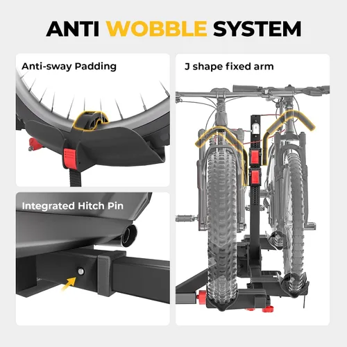 Vista 3 de BougeRV - Soporte de enganche para bicicletas de plataforma de 2 pulgadas con doble bloqueo para SUV y camiones, para 2 bicicletas, soporte
