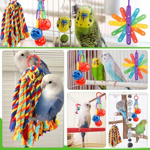 Vista 4 de QUOZUO Juguetes para pájaros pequeños, accesorios de jaula de periquitos, juguetes de periquitos, juguete masticable colgante de pie, juguetes