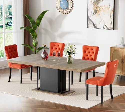 Vista 52 de Mesa de comedor extensible de 78.74 pulgadas para 6 8 y 10 pulgadas, moderna mesa de comedor extensible de granja con base de doble pedestal, mesa