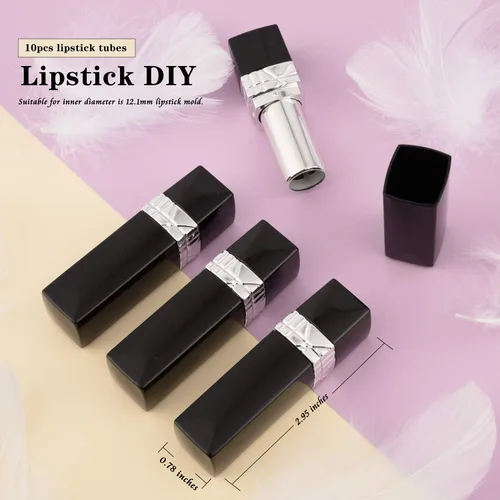 Vista 2 de Allwon 10 tubos de lápiz labial vacíos negros DIY contenedor de bálsamo labial (tubo rectangular)