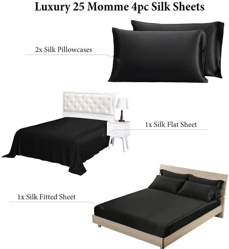 Vista 6 de LilySilk Sábanas de seda natural 25 Momme, refrescantes, de lujo, para viajes, ropa de cama Twin Black