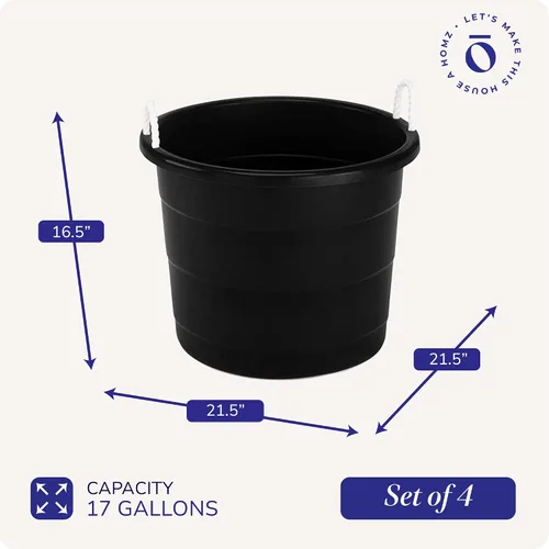 Vista 4 de HOMZ Paquete de 4 cubos utilitarios, cubo grande de plástico con asas de cuerda, 17 galones, color negro, cubos portátiles para interiores