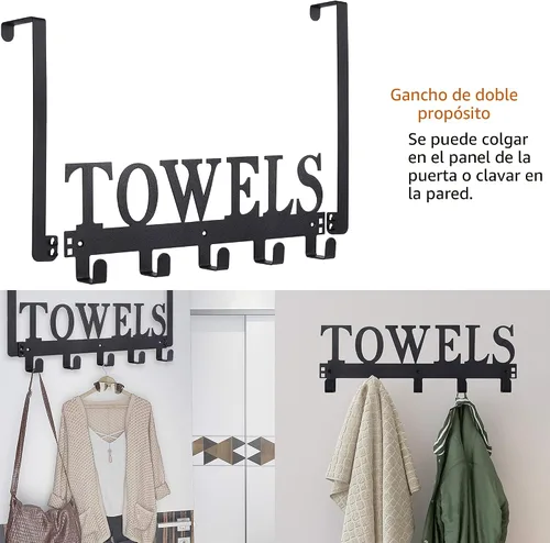 Vista 3 de Kuhome Toallero de ganchos para colgar sobre la puerta, para baño, soporte para puerta/pared, para dormitorio/playa, para colgar toallas/batas