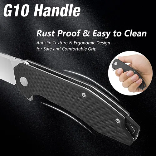 Vista 4 de FLISSA Cuchillo de bolsillo, cuchillo táctico plegable con mango G10, hoja D2, seguro de revestimiento, clip de bolsillo, cuchillo EDC para Negro