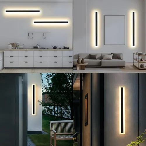 Vista 3 de Paquete de 2 luces de pared para exteriores de 32 pulgadas, 24 W, IP65, acrílico esmerilado, lámpara de pared, moderna, rectangular, color negro