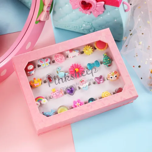 Vista 2 de PinkSheep Little Girl Jewel Rings in Box, Adjustable, No Duplication, Girl Pretend Play and Dress Up Rings (24 Lovely Ring)