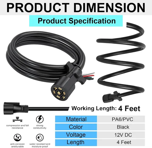 Vista 8 de Cable de remolque de 7 vías, cable de enganche de 4 pies de alta resistencia con 7 vías, cableado de enchufe de remolque en línea, arnés de cable