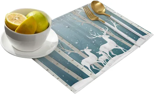 Vista 2 de Mantel individual de invierno para mesa de comedor, juego de 4 manteles individuales de Navidad, lino y algodón, impermeable, tapete individual