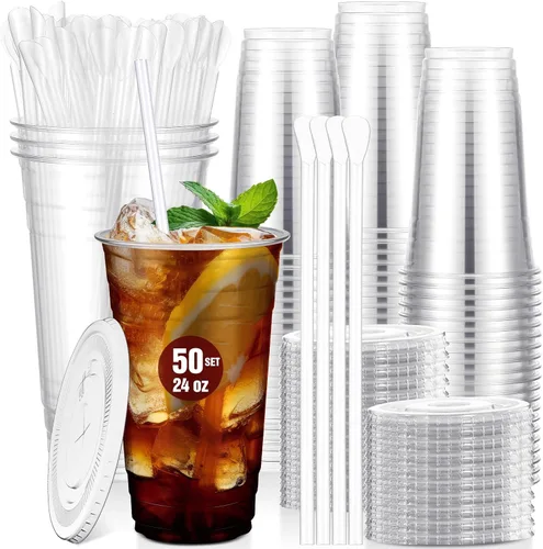 Vista 9 de Eaasty Juego de 50 vasos de plástico transparente de 20 onzas con cuchara, pajitas y tapas planas, desechables, para café helado, postre, yogur