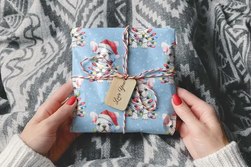 Vista 8 de Lindas luces de Navidad, papel de regalo de bulldog francés de Navidad, decoración de Navidad con temática de perro cachorro