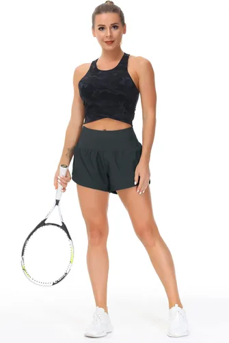 Vista 5 de THE GYM PEOPLE - Pantalones cortos deportivos de entrenamiento para mujer, con cintura alta, de secado rápido, con forro de malla y bolsillos