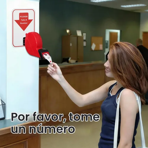 Vista 6 de Take-a-Number - Cartel dispensador de boletos con texto en inglés "Take A Number", color rojo y blanco
