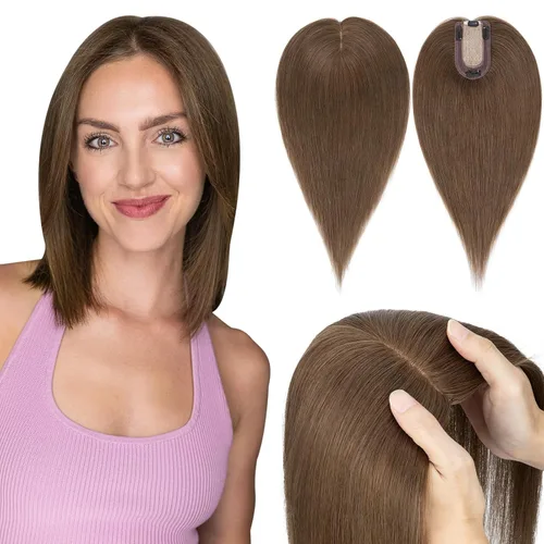 Vista 38 de Hairro Toppers de cabello humano 100% real para mujeres sin flequillo, postizos de cabello real con clip, base de seda transpirable para cubrir