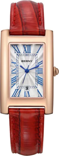 Vista 7 de BERNY Reloj rectangular de cuarzo con marcadores clásicos de números romanos para mujer, reloj de pulsera analógico casual con calendario de fecha