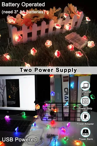 Vista 3 de OMIKA Luces de Flores Multicolor Guirnalda de Luces de Flor de Cerezo, Funciona con Pilas y USB, Luces de Hadas LED de 13 pies con 40 LED