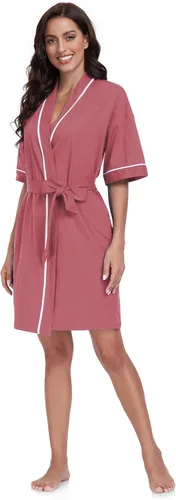 Vista 20 de COLORFULLEAF Bata de baño de manga corta para mujer, 100% algodón, longitud hasta la rodilla, con bolsillos