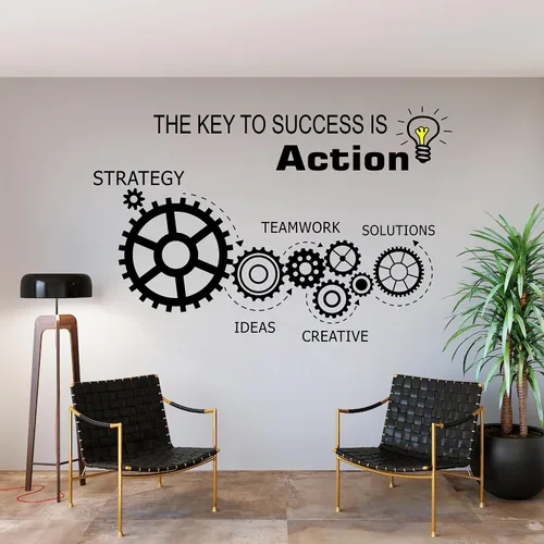 Vista 4 de Teamwork Gears - Calcomanía de vinilo para pared, decoración de espacio de oficina, calcomanías para interiores, mural The Key to Success is Action