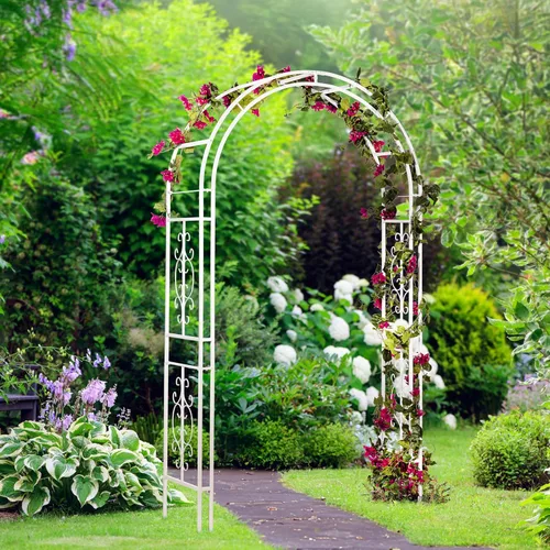 Vista 7 de Estructura de arco de jardín al aire libre de metal de Plow & Hearth, de 84 pulgadas de alto, entramado de celosía de hierro para plantas Rojo