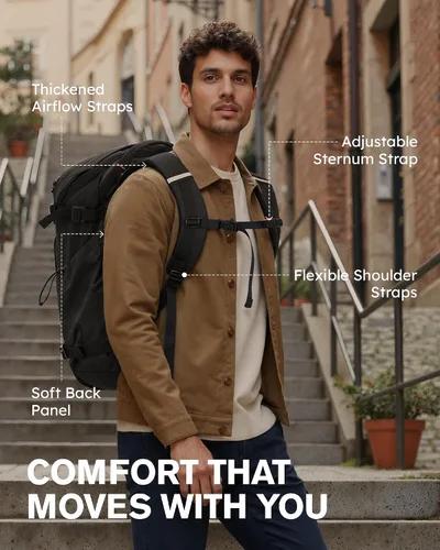 Vista 7 de Tolaccea Mochila de Viaje Carry On 40L, Mochila para Laptop con 3 Cubos de Embalaje, Bolsa de Lona Aprobada para Vuelos para Hombres y Mujeres, Negro