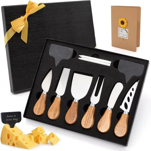 Vista 7 de Juego de cuchillos de queso para embutidos – 4 cuchillos de queso pequeños de acero inoxidable y tenedor con soporte magnético de madera de acacia