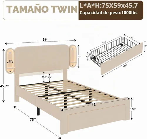 Vista 2 de Base de cama individual con cajones de almacenamiento y cabecera tapizada con estante lateral, marco de cama de terciopelo con luces LED, puerto USB