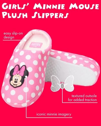 Vista 2 de Disney Girls' Minnie Mouse Slippers - Plush Fuzzy Slippers, Non-Skid Sole (ToddlerLittle GirlBig Girl)