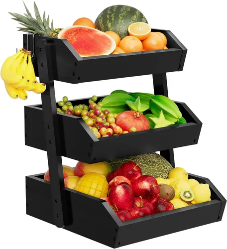 Vista 9 de Cesta de frutas de bambú de 2 niveles para encimera de cocina, encimera de almacenamiento de frutas de gran capacidad, soporte para frutas