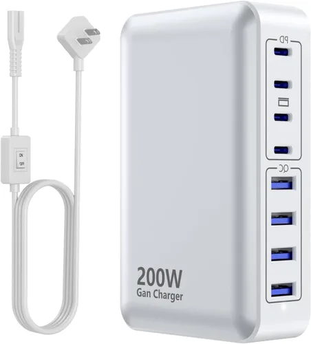 Vista 8 de Cargador USB C de 200 W, estación de carga rápida Gan de 8 puertos, adaptador de carga para laptop PD de 65 W compatible con MacBook Pro/Air, DELL