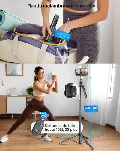 Vista 4 de Kit de vlogging Yeaki para iPhone/Android, palo selfie trípode de 180 cm para iPhone con luz, control remoto inalámbrico y micrófono, trípode