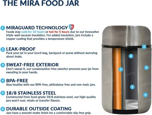 Vista 4 de MIRA Termo de alimentos aislado de 9 oz para alimentos calientes y sopa, contenedor de almuerzo al vacío de acero inoxidable compacto - blanco