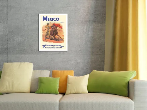 Vista 4 de México - via Mexicana de Aviación - Pan American World Airways - Bull Fighter - Póster vintage de viaje de aerolínea por Carlos Ruano Llopis c.1950