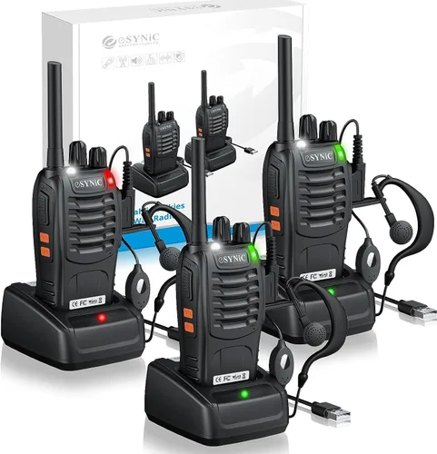 Vista 12 de eSynic Walkie Talkies recargables con auriculares, 2 radios bidireccionales de largo alcance de 16 canales USB de carga, transceptor de mano Walky