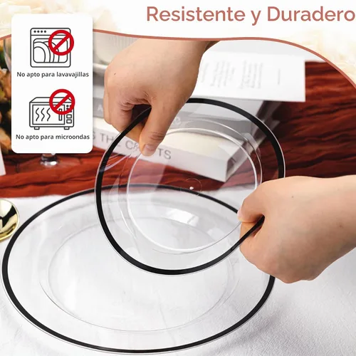 Vista 4 de N9R 120 platos de plástico transparente y negro, platos desechables