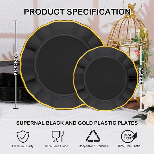 Vista 6 de supernal 60 piezas Platos de Cumpleaños Negros y Dorados Platos de Plástico para Fiestas y Platos Desechables Elegantes Platos Festoneados