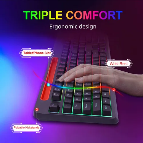 Vista 3 de Snpurdiri - Combo de teclado y mouse inalámbricos para juegos, recargable True RGB True RGB de tamaño completo con soporte para tabletateléfono