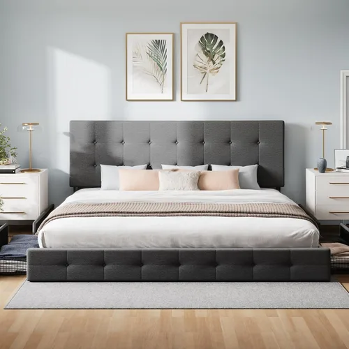 Vista 84 de WEEWAY Base de cama de plataforma tamaño King con 4 cajones de almacenamiento, cabecera capitonada con botones de costura de diamante, base de Negro