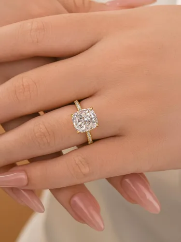 Vista 13 de Anillo de compromiso de corte cojín de 4 quilates para mujer, piedra blanca/amarilla grado 5A, circonita cúbica S925, plata, amarillo/blanco/oro rosa