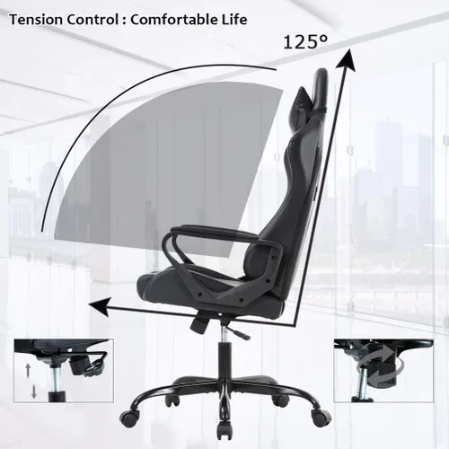 Vista 5 de Silla de oficina para videojuegos con brazos y apoyo lumbar, reposacabezas con respaldo alto, de piel sintética, silla de escritorio ergonómica