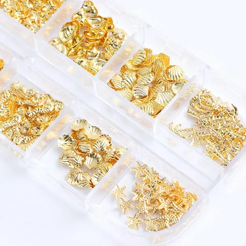 Vista 5 de Calcomanías de metal 3D para uñas, 12 formas, purpurina holográfica y lentejuelas, kit de suministros de arte dorado, caballito de mar, hojas