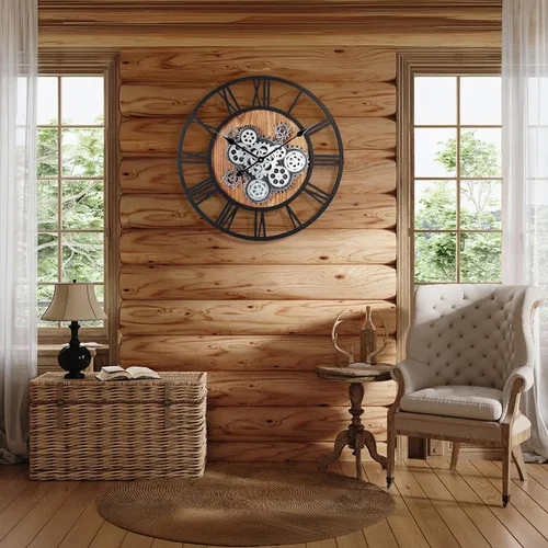 Vista 3 de Lafocuse Reloj de pared de engranaje móvil real de 23 pulgadas, reloj de pared grande de madera Steampunk para decoración de sala de estar