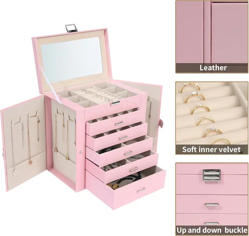 Vista 2 de ASINGYER Joyero para mujer, organizador grande de 6 capas con cerradura y 5 cajones para almacenamiento de joyas, joyero grande para regalo