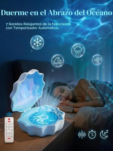 Vista 7 de Proyector de Luz de Olas del Océano, Luz Nocturna de Concha con Altavoz Bluetooth Integrado, Control Remoto, Ruidos Blancos para Decoración del Azul
