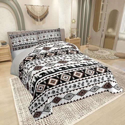 Vista 2 de Castle Fairy Juego de edredón con estampado azteca occidental, juego de ropa de cama geométrica a rayas marrones para niños y adolescentes