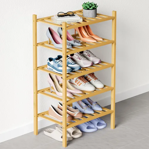 Vista 24 de Smiry Zapatero de bambú para armario, organizador de zapatos de madera de 3 niveles, estante apilable de almacenamiento de zapatos de madera